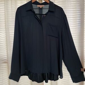LOFT XL Forest Green Sheer Blouse w Knit Back Panel